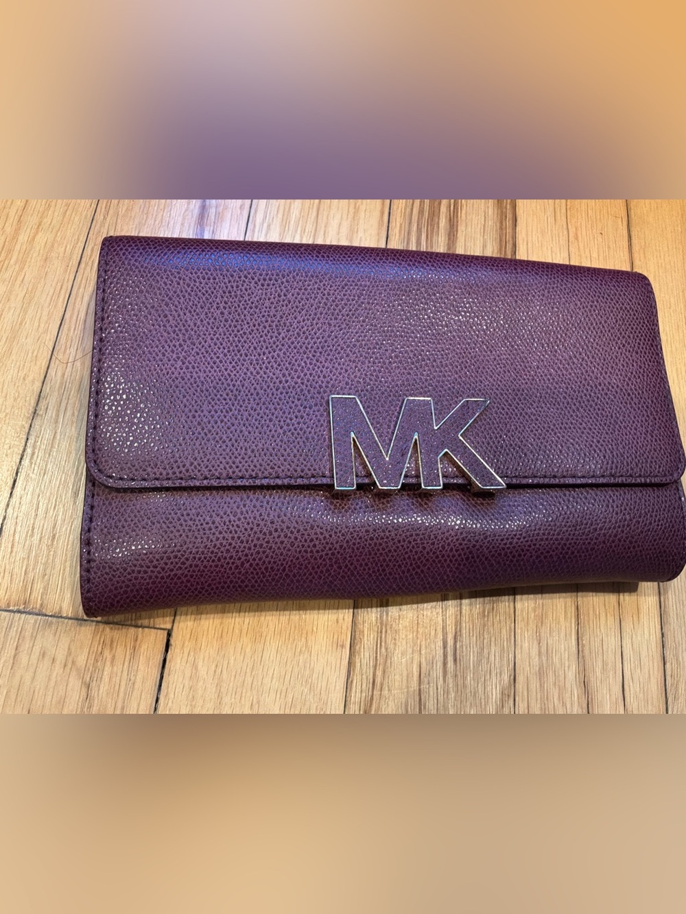 Michael Kors Plum Pebbled Leather MK Logo Wallet
